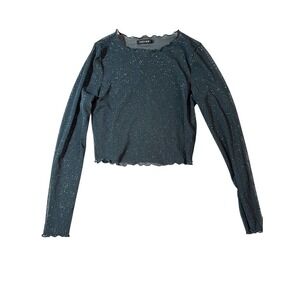 Papermoon Sheer Green Sparkle‎ Sheer Long Sleeve Crop Top Lettuce Hem Blouse